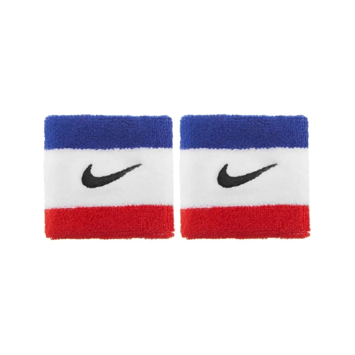 Pair of red, white, and blue wristbands with Nike logo on a white background