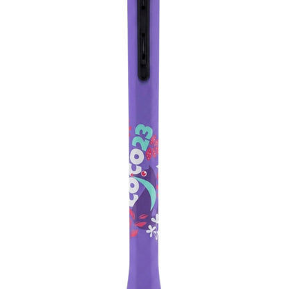 A close-up of a purple Head tennis racket shaft featuring a colorful 'COCO 23' brand graphic with pink strawberries and white flowers on a plain white background.