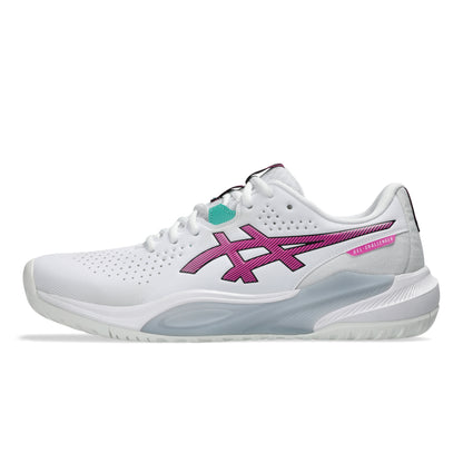 White tennis shoe with pink accents on a white background