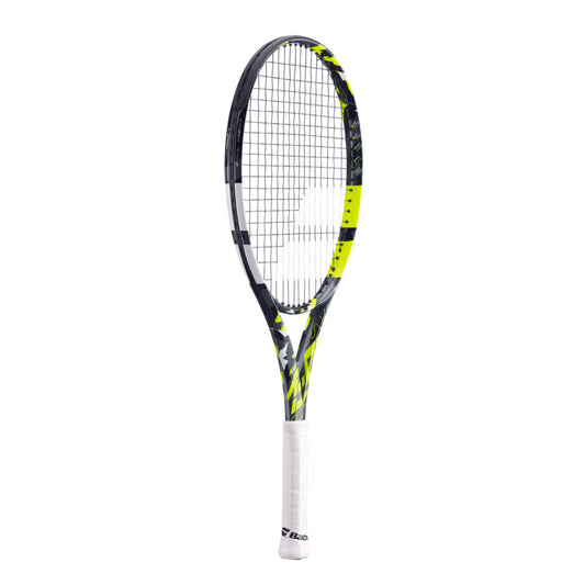 Babolat tennis racket with a black frame and yellow accents with a white handle on a white background