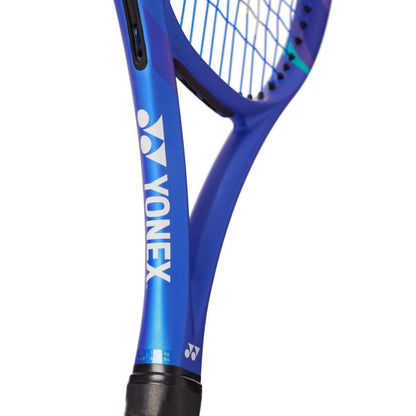 Close-up of a Blue Yonex Ezone Racket on a whte background