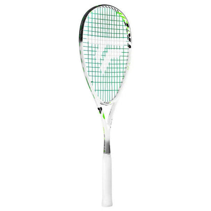 A Tecnifibre squash racket with a white frame, green and white stringing, and a white grip, shown vertically against a plain white background.