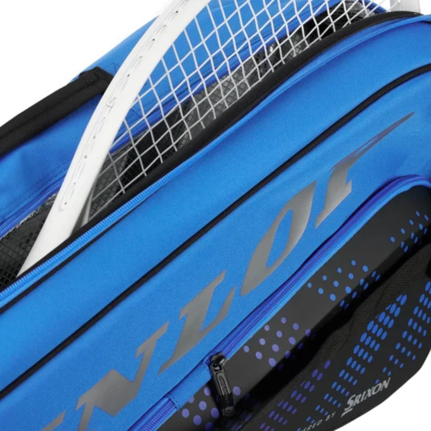 Blue and black Dunlop tennis bag with a racket in the bag 
