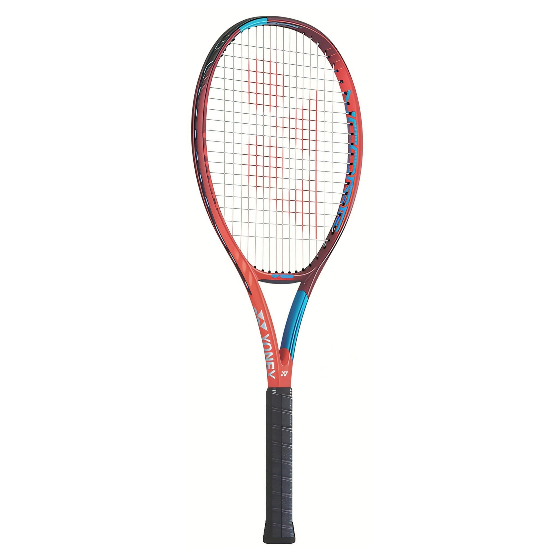 Tennis racket with red and blue design on a white background