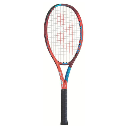 Tennis racket with red and blue design on a white background