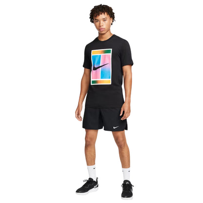 Person wearing a black Nike t-shirt and shorts with colorful logo on a white background