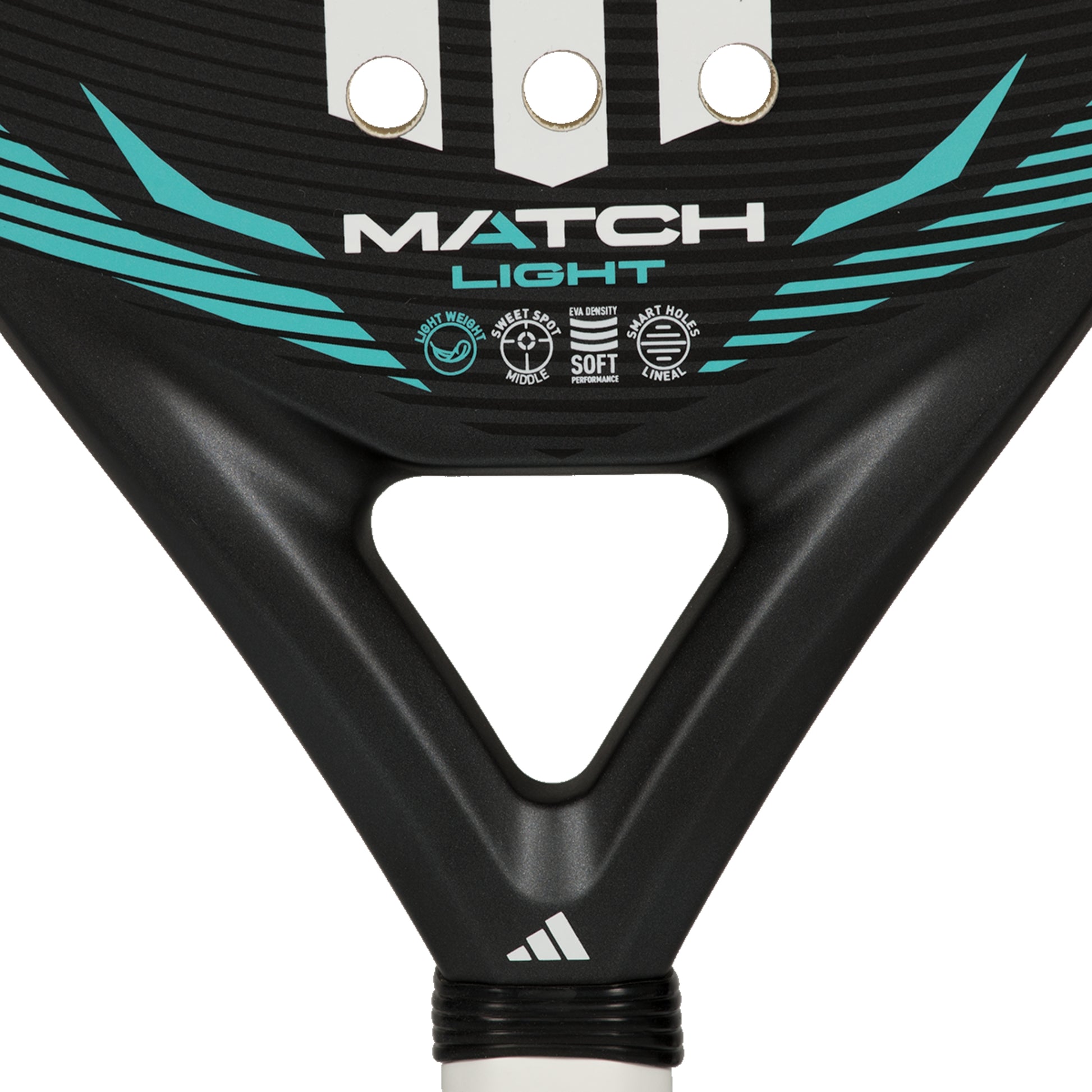 Close-up of a padel racket handle with branding on a white background