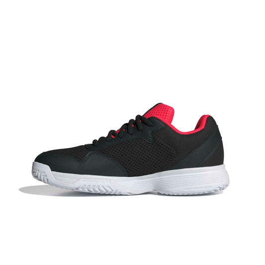 Black and red Adidas tennis kids shoe on a white background