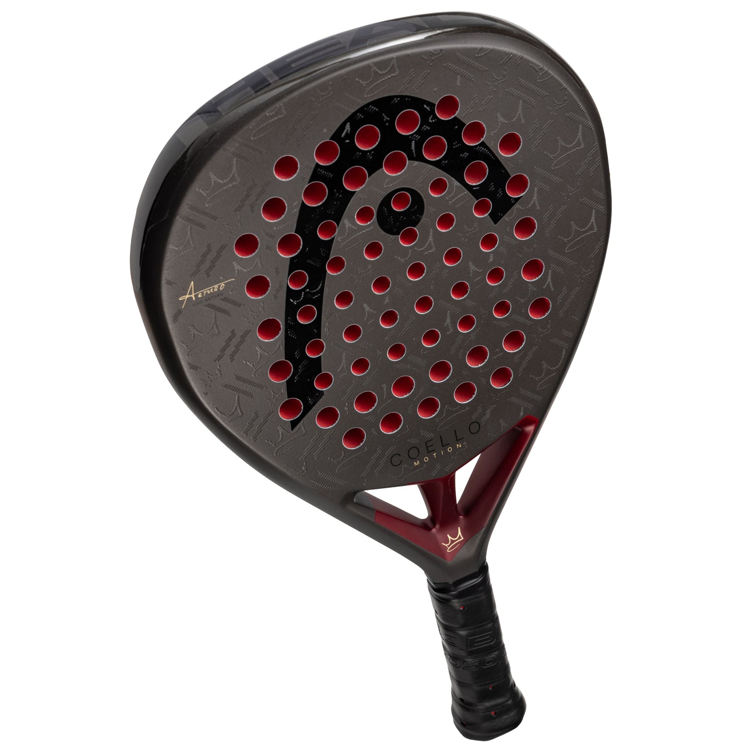 Padel racket with red and black design on a white background