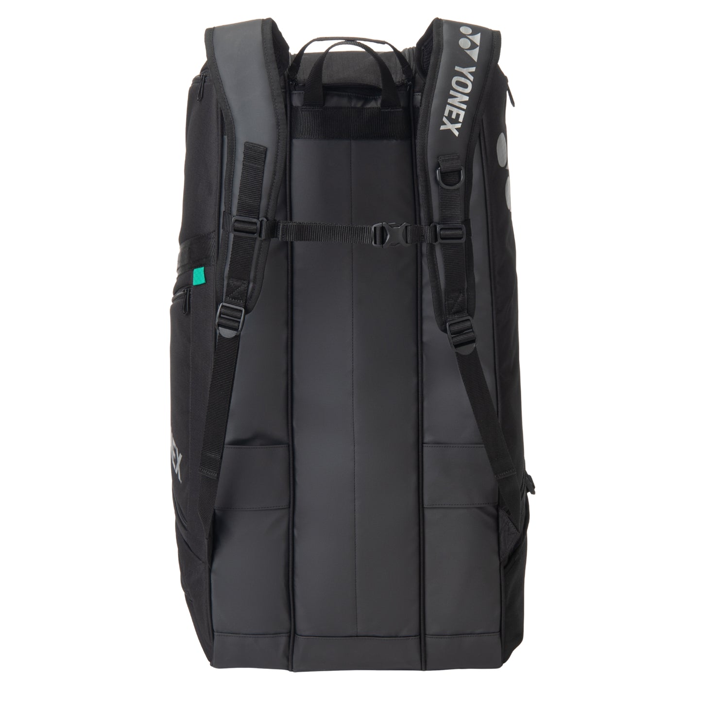 Black backpack with Yonex branding on a white background