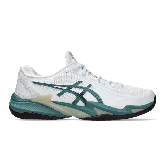 White and dark green Asics tennis shoe with a black sole on a white background