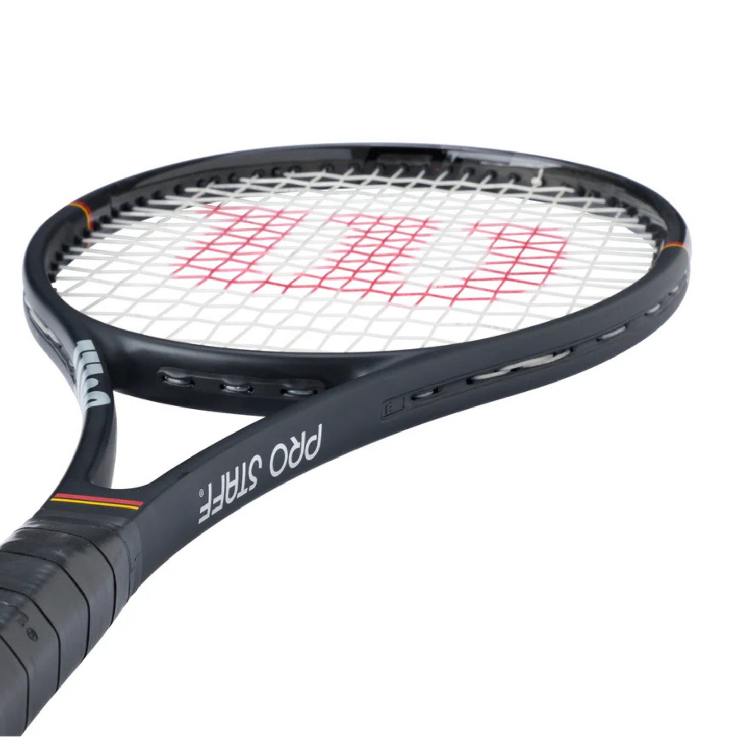 Black tennis racket with Wilson logo on a white background