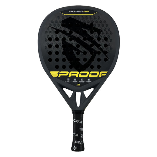 Black Spadda padel racket with a free Spadda t-shirt on a white background