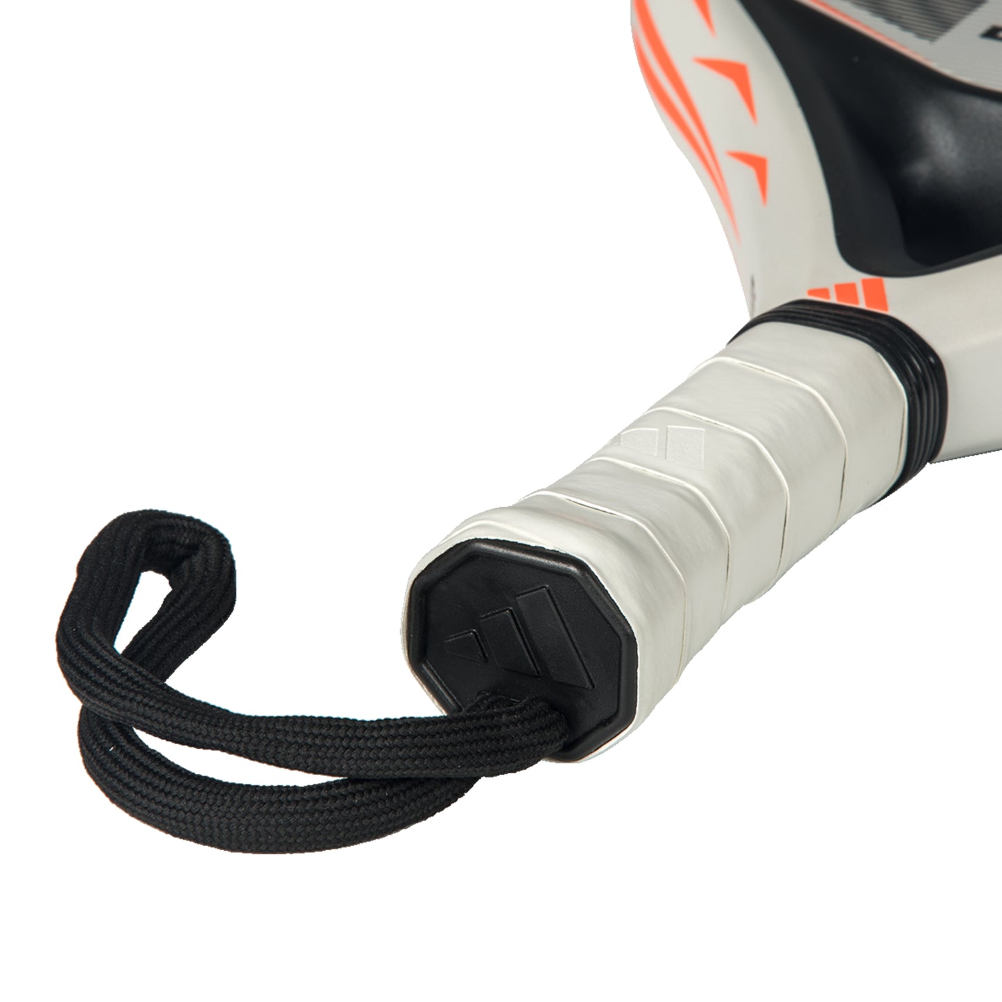 Close-up of a padel racket with a black cord attached on a white background