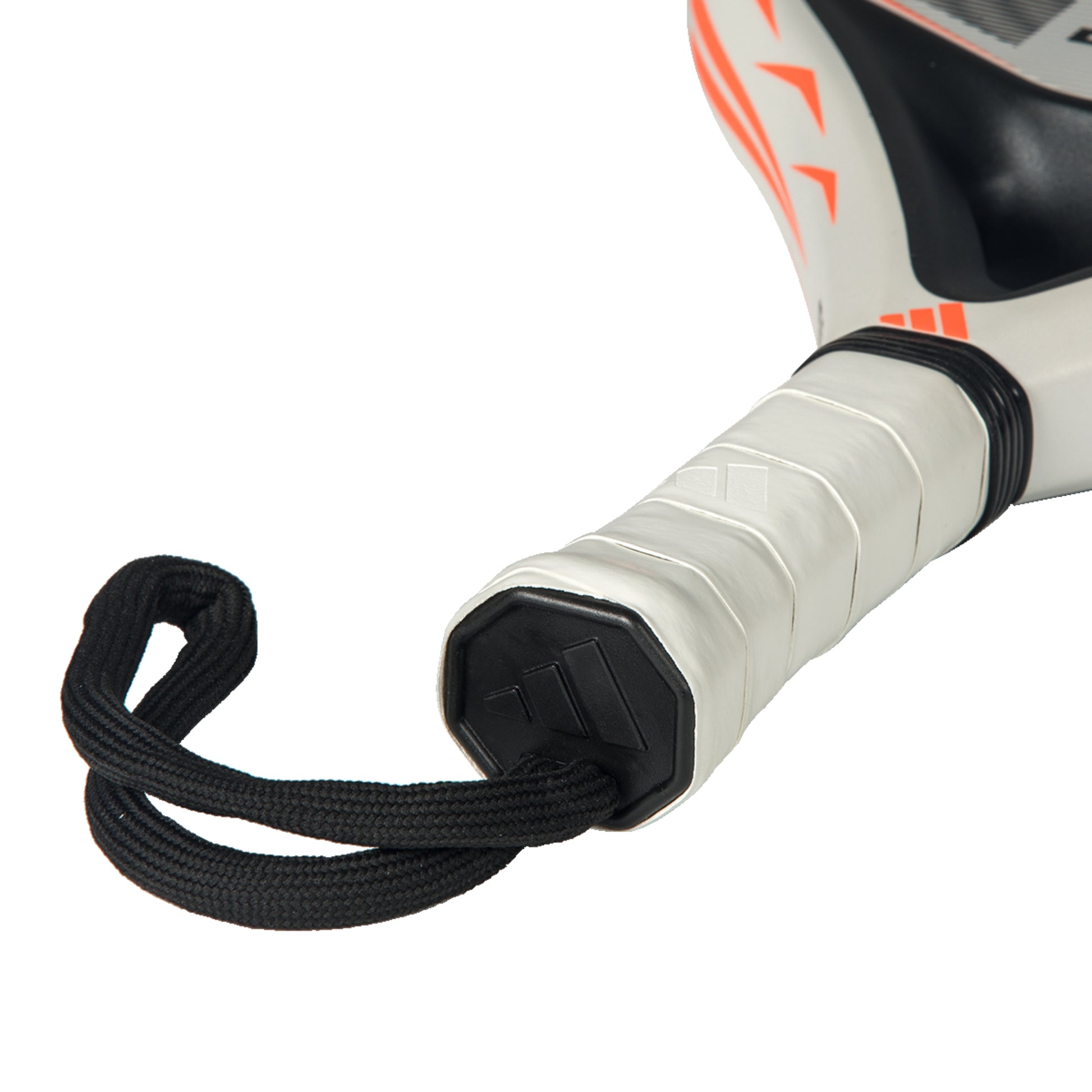 Close-up of a padel racket with a black cord attached on a white background