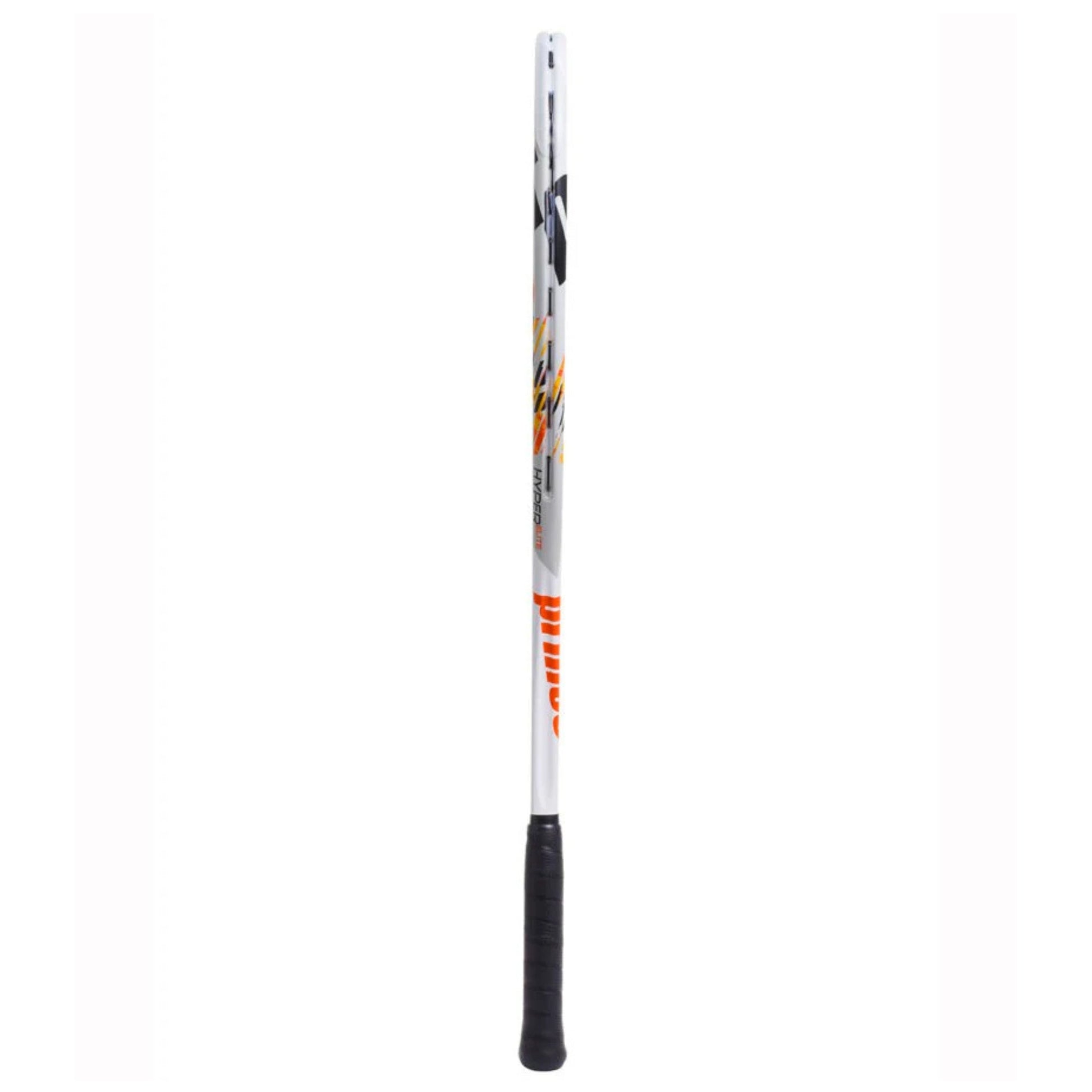 Prince Squash racket with black and orange design on a white background
