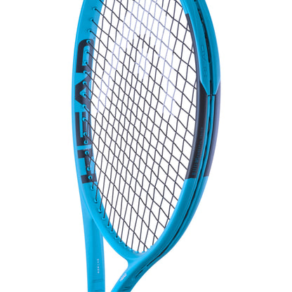 Close-up of a blue Head tennis racket with a white background