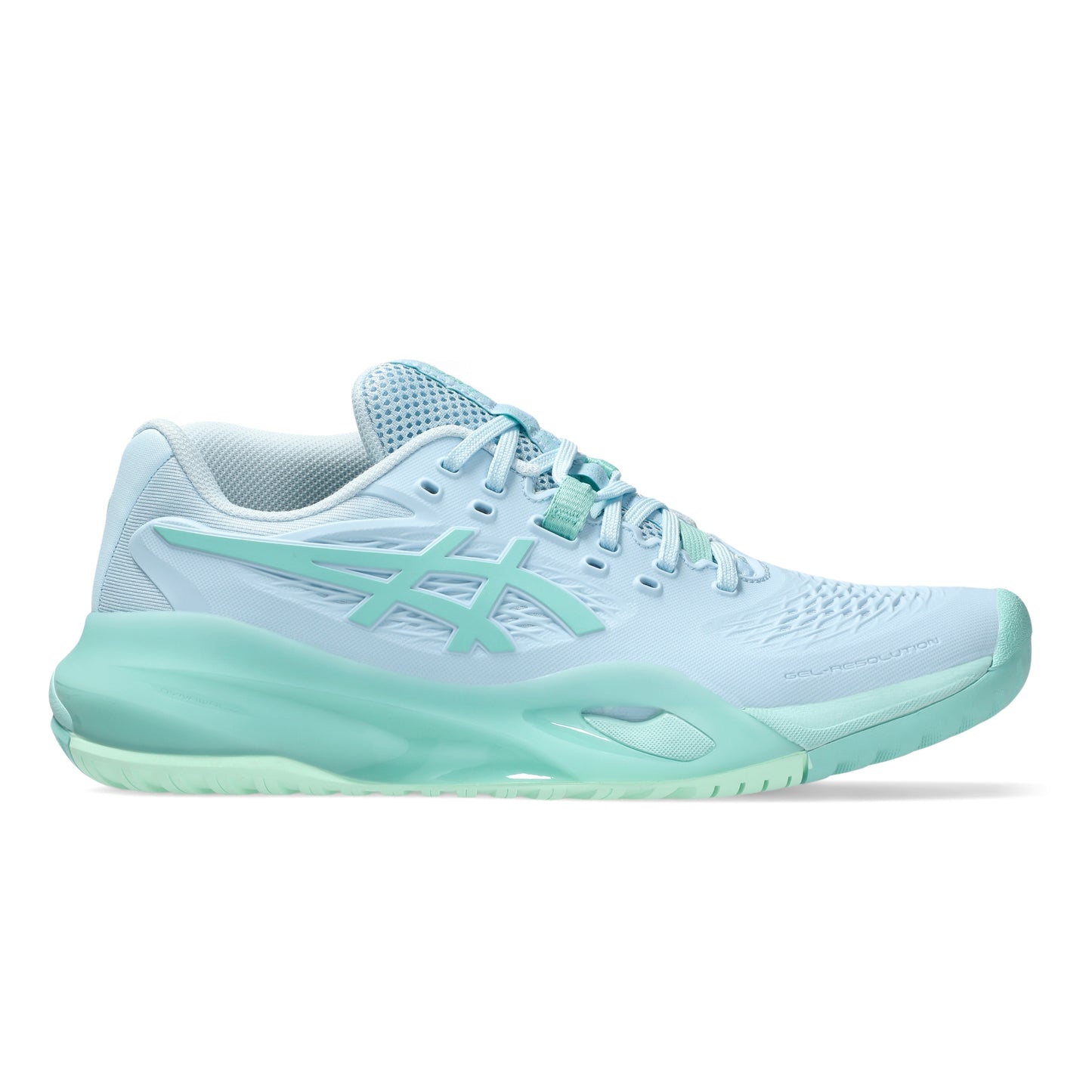 A light blue and mint green Asics tennis shoe shown from the side profile on a white background.