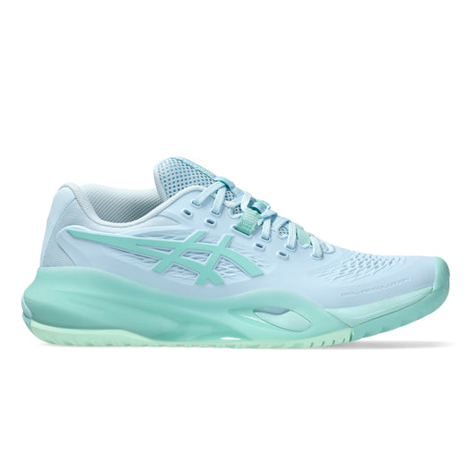 A light blue and mint green Asics tennis shoe shown from the side profile on a white background.
