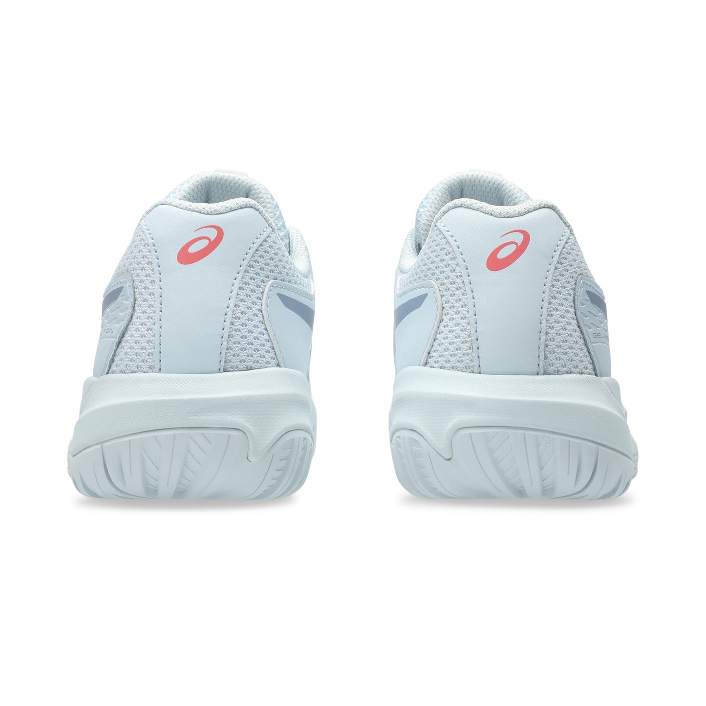 Light blue tennis shoes with red logo on a white background