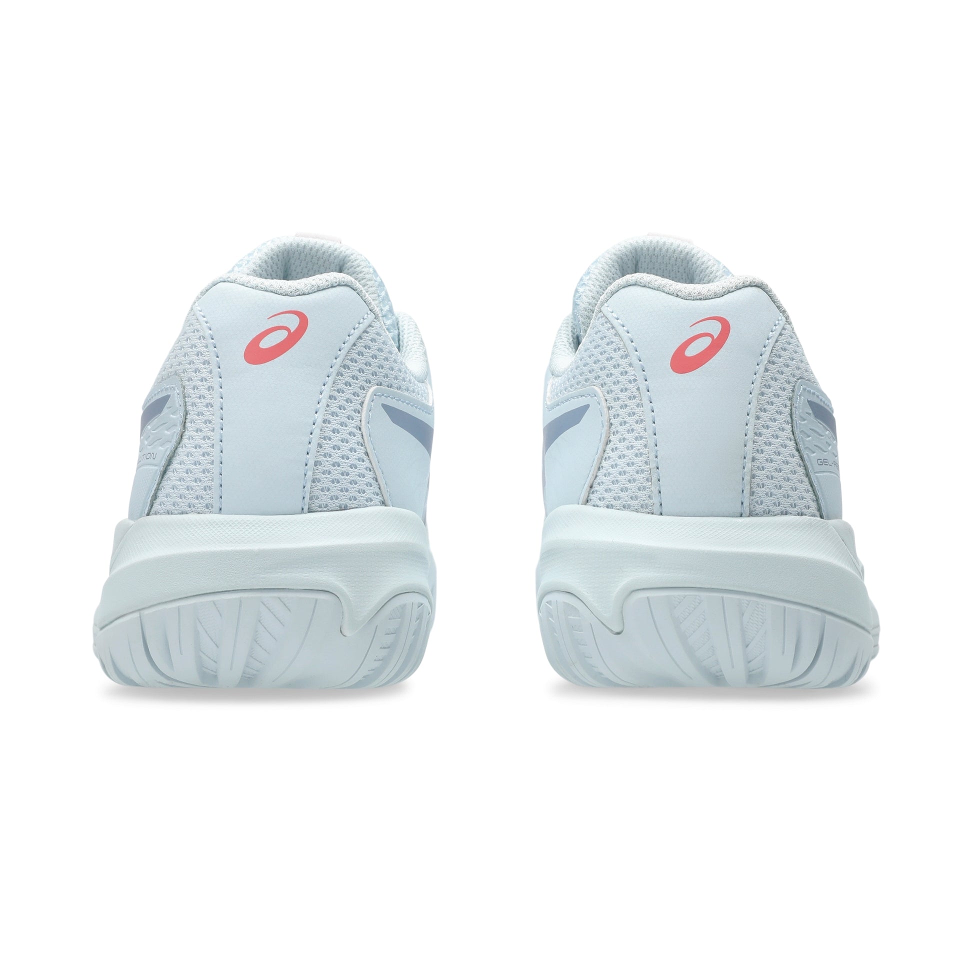 Light blue tennis shoes with red logo on a white background