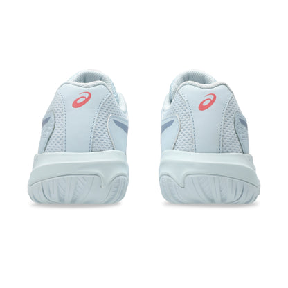 Light blue tennis shoes with red logo on a white background
