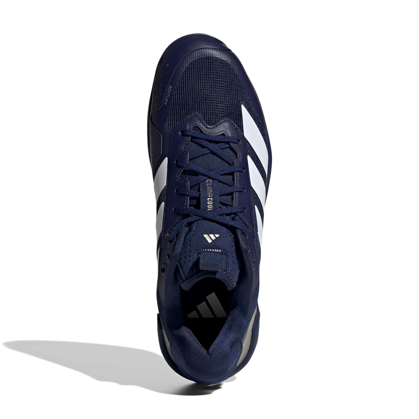 Navy blue tennis shoe with white stripes on a white background
