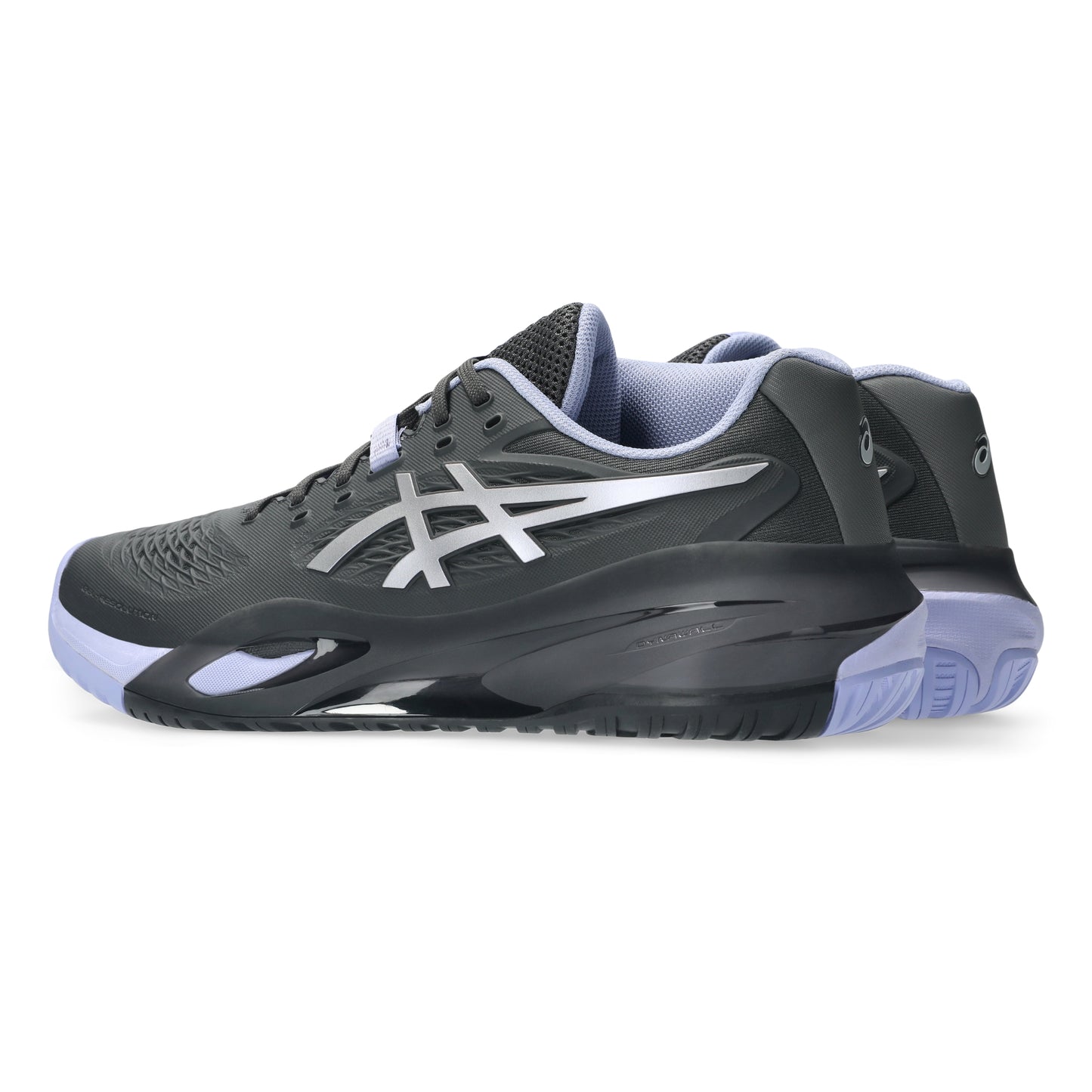 A pair of Asics tennis shoes in dark gray and light purple, shown from a three-quarters angle on a white background.