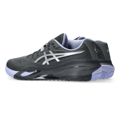 A pair of Asics tennis shoes in dark gray and light purple, shown from a three-quarters angle on a white background.