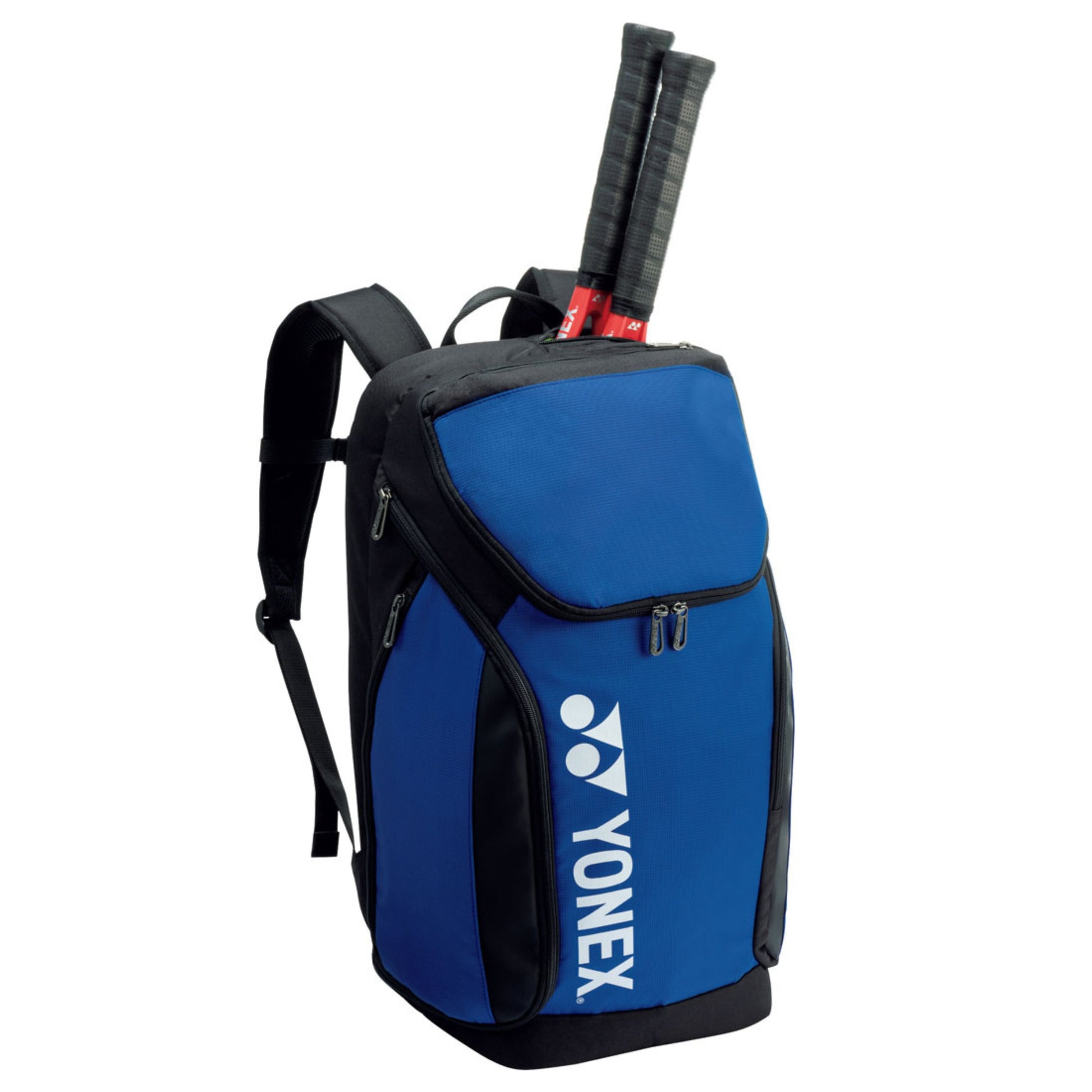 Blue backpack with Yonex logo and tennis rackets on a white background
