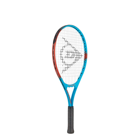 Dunlop tennis racket with a blue frame and black handle on a white background