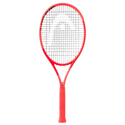 A orange Head tennis racket with black strings, shown vertically against a plain white background.