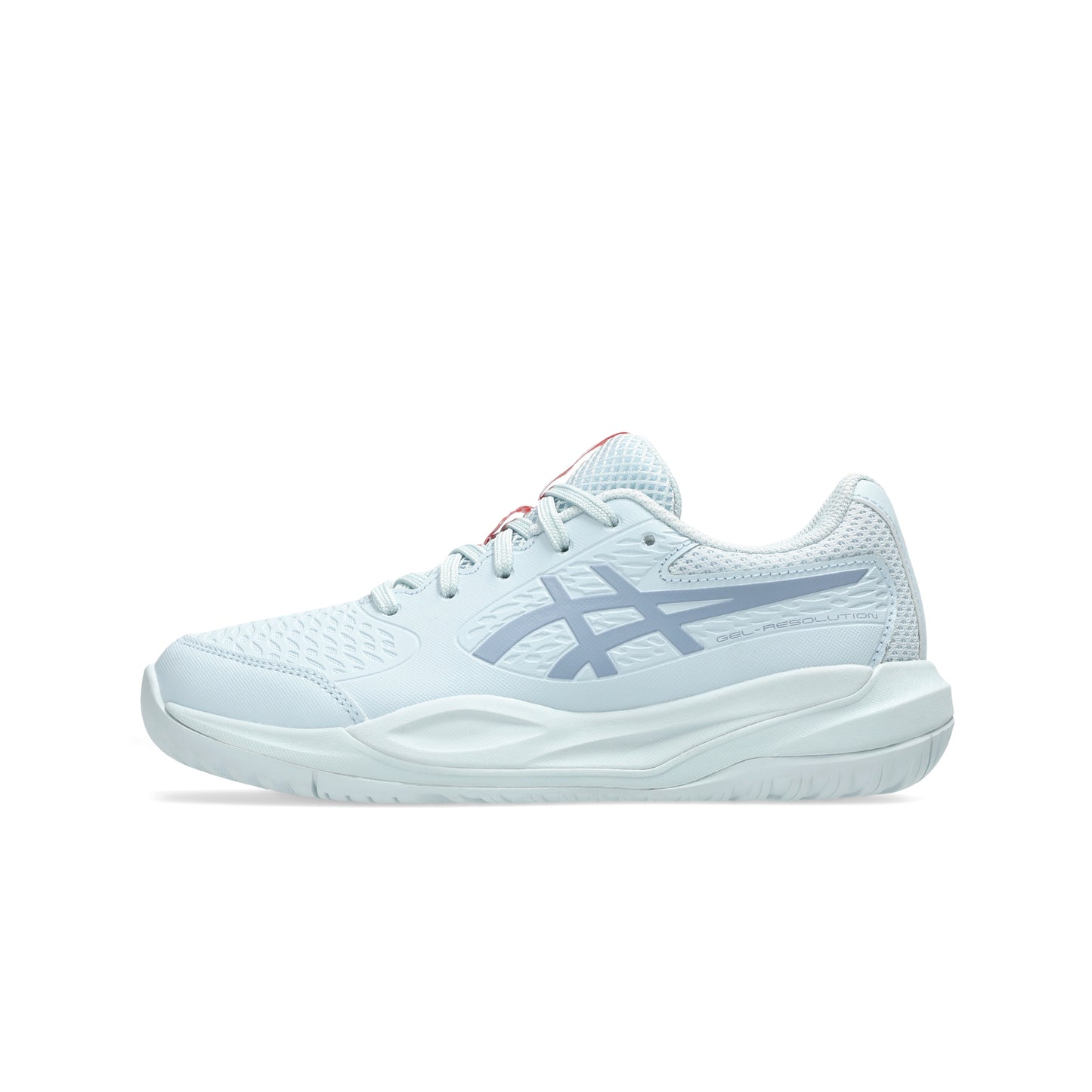 Light blue tennis shoe with a brand logo on a white background