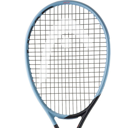 Head tennis racket with blue frame and black strings on a white background