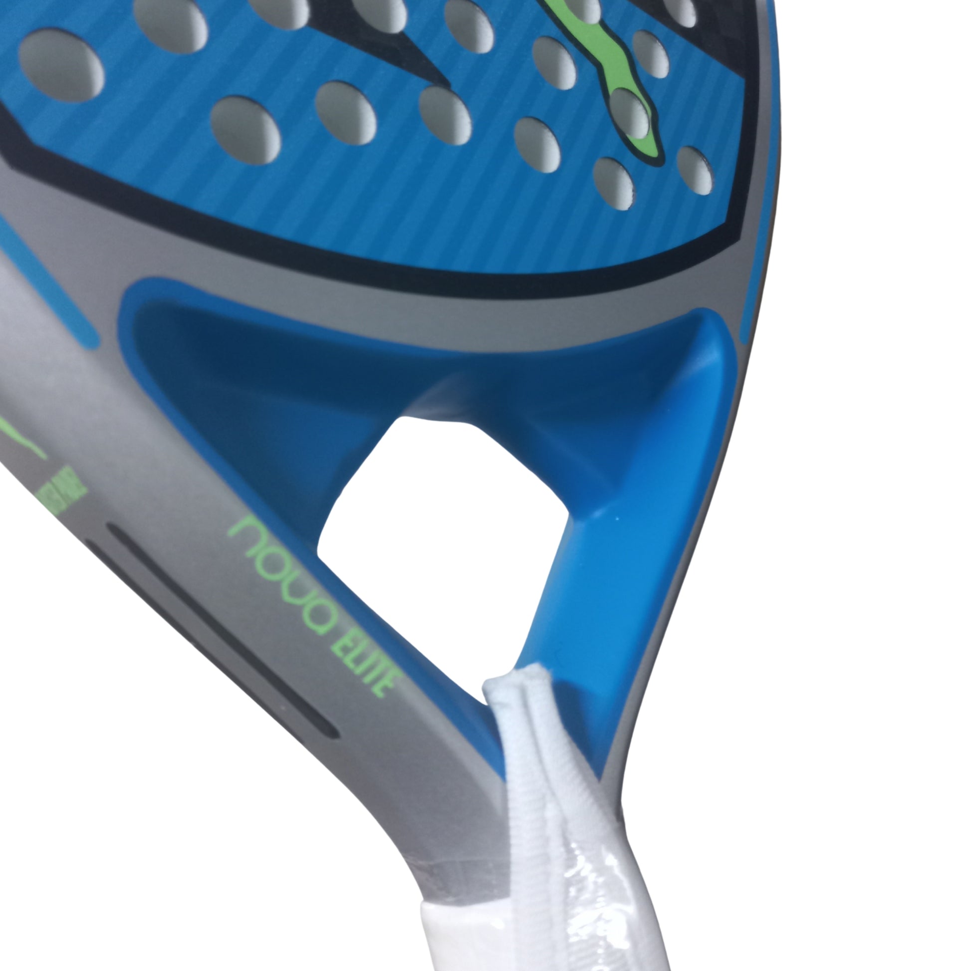 Black, green and blue Puma padel racket with wording on the side Nova Elite