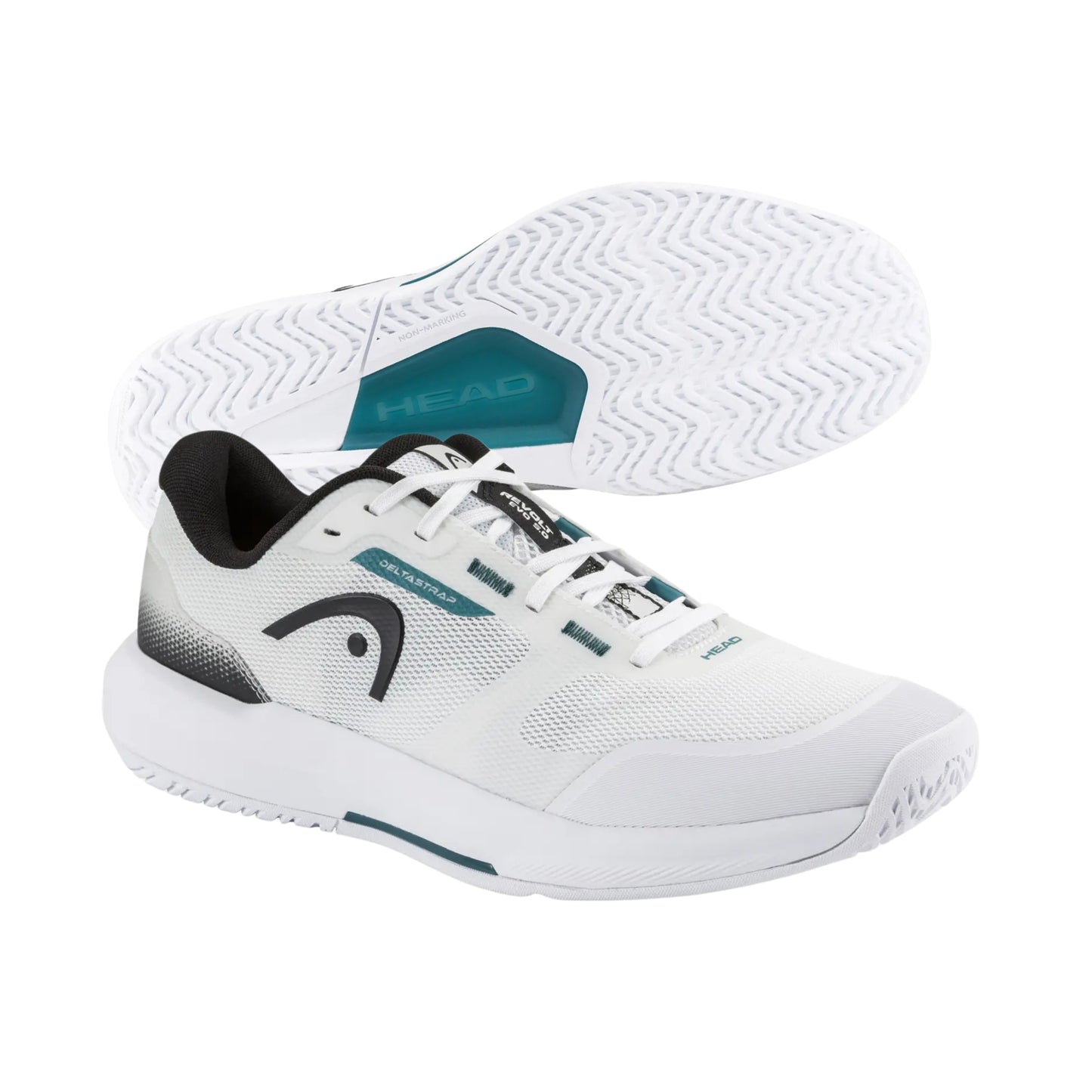 White Head tennis shoe with black and teal accents on a white background