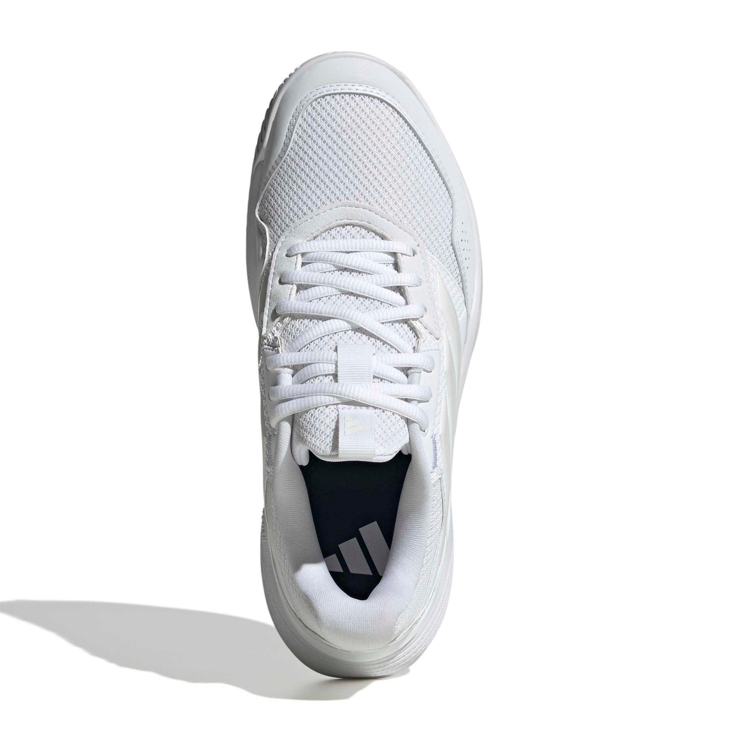 A white Adidas tennis shoe shown from the side profile against a clean white background.