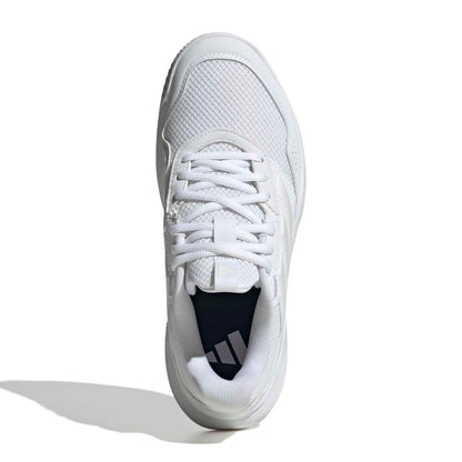 A white Adidas tennis shoe shown from the side profile against a clean white background.