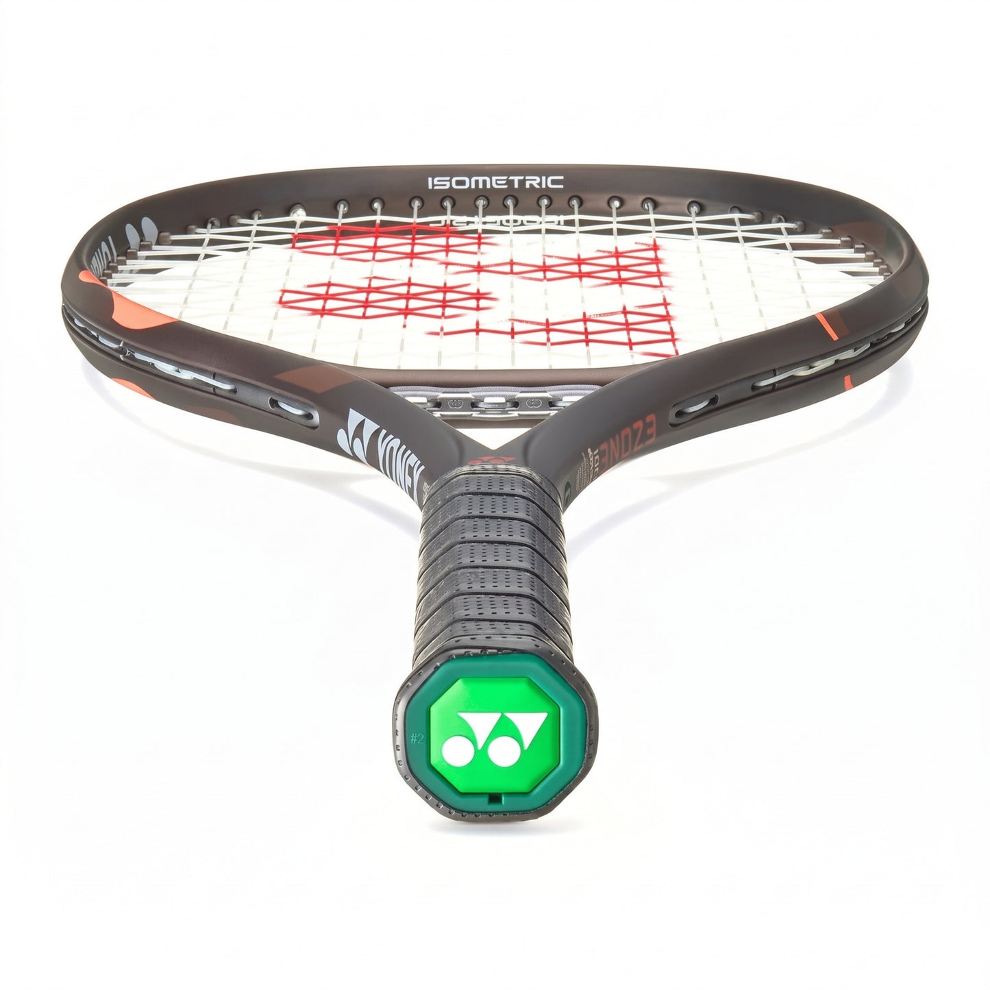 A Yonex racket shown from the back, featuring a black frame with orange accents, white and red stringing, and a green Yonex logo on the handle end cap, set against a plain white background.