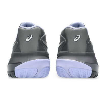 A pair of Asics tennis shoes shown from the rear, featuring a dark gray upper, a white Asics logo on the heel, and a light lavender sole.