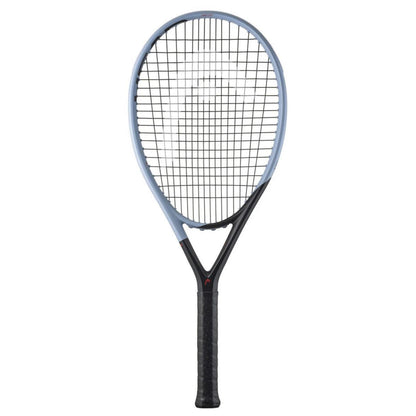 Head tennis racket with blue frame and black strings on a white background