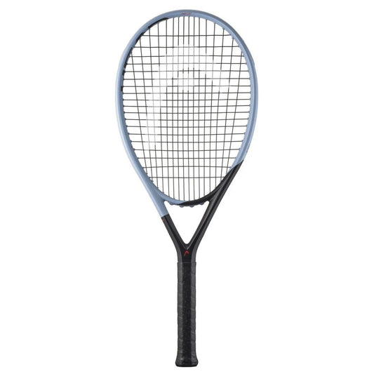 Head tennis racket with blue frame and black strings on a white background