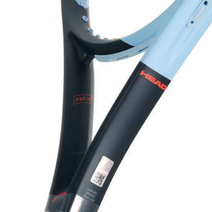 Close-up of a Head tennis racket with 'HEAD' branding on a white background