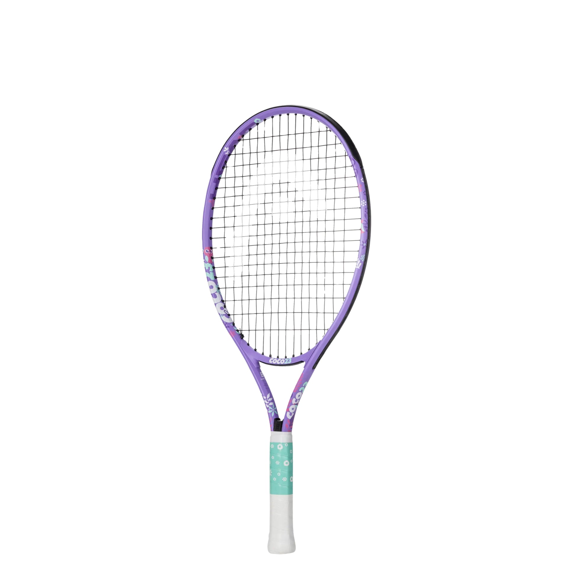 A Head tennis racket with a purple frame, black strings, and a white grip with a mint green accent, shown against a plain white background.