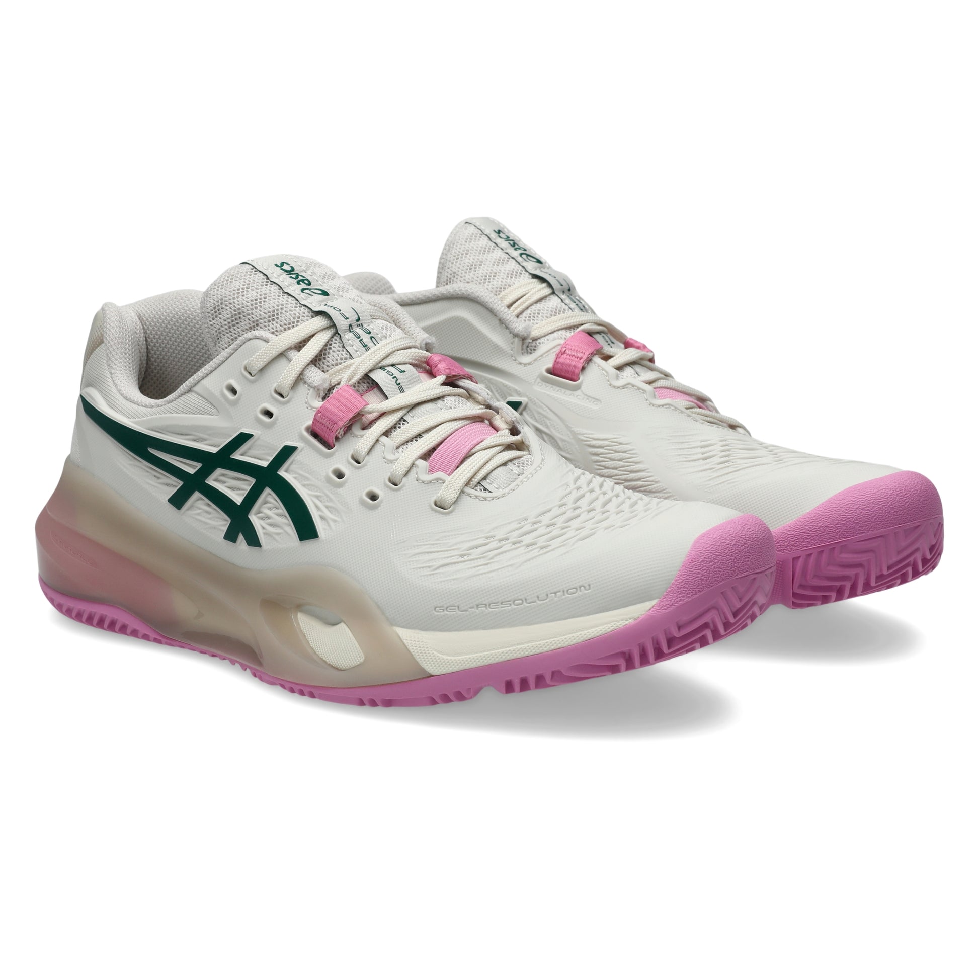 A pair of ASICS padel shoes in white with pink accents and a dark green logo, shown on a clean white background.