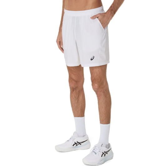 Person wearing white tennis Asics shorts with a brand logo on a white background