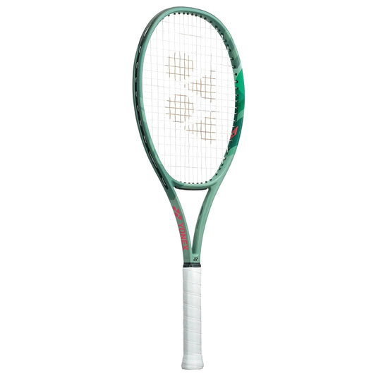Green Yonex tennis racket on a white background