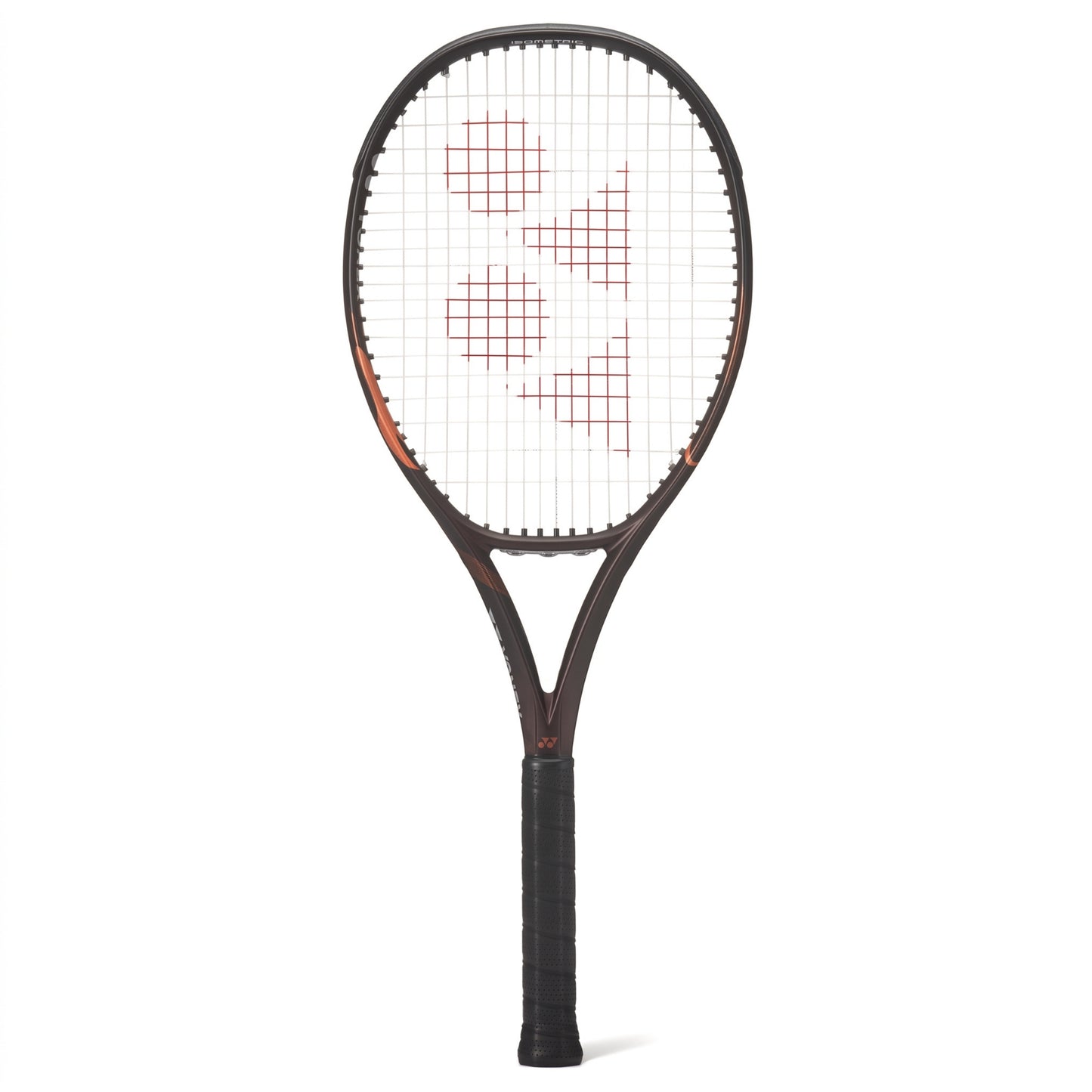 A Yonex tennis racket with a dark brown and black frame, orange accents near the throat, and white strings featuring a red Yonex logo, shown against a plain white background.