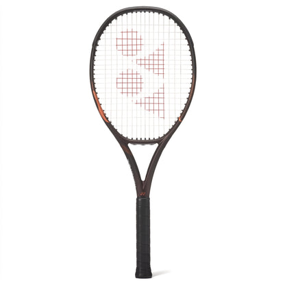 A Yonex tennis racket with a dark brown and black frame, orange accents near the throat, and white strings featuring a red Yonex logo, shown against a plain white background.