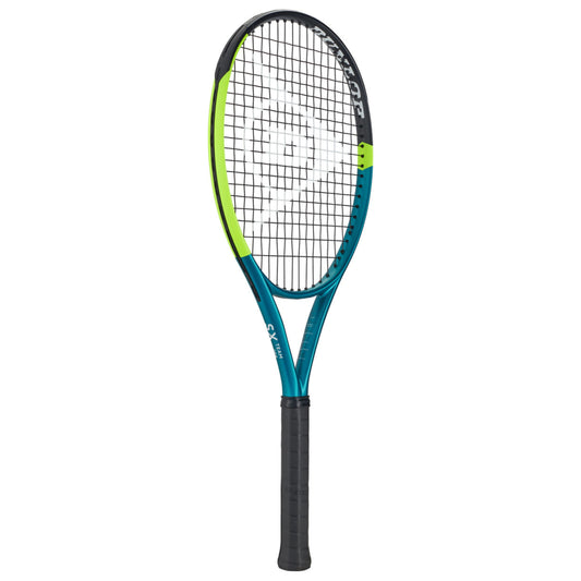 Teal and light green Dunlop tennis racket with sx team on the right side of the racket on a white background
